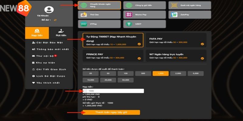 Hướng dẫn thành viên dùng tài khoản ngân hàng để nạp tiền NEW88
